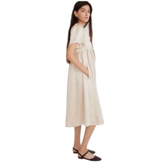 Madewell Puff-Sleeve V-Neck Midi Dress in Shiny Gold Satin ND148 XL X-Large - Picture 3 of 5